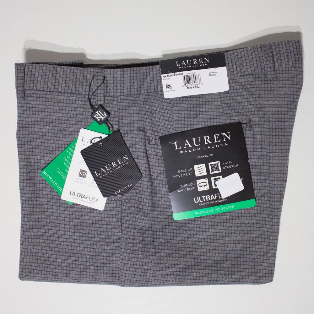 NWT $95 Ralph Lauren Norton Ultraflex Light Grey Check Flat Front Pant Men 36x32